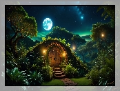 Drzewa, Grafika, Księżyc, Światło, Hobbita, Dom