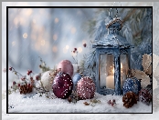 Boże Narodzenie, Lampion, Świeca, Bombki, Śnieg