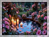 Płonące, Ogród, Kwiaty, Świece, Różowe, Oczko wodne