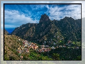 Dolina, Góry, Domy, Miasto, Hiszpania, Szczyt Roque Cano, Wyspy Kanaryjskie, Vallehermoso, Gomera