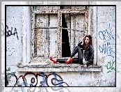 Szpilki, Skórzane, Kobieta, Graffiti, Ubranie, Okno