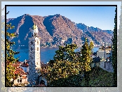 Domy, Lugano, Góra, Alpy, Kościół, Kanton Ticino, Szwajcaria, Jezioro Lugano, Katedra Świętego Wawrzyńca, Drzewa, Wieża