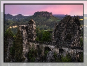 Most, Park Narodowy Saskiej Szwajcarii, Formacja skalna, Niemcy, Skały, Bastei, Zachód słońca, Góry Połabskie