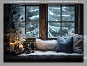 Szyszki, Poduszki, Parapet, Śnieg, Drzewa, Okno, Boże Narodzenie, Świeczki, Bombki