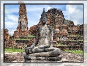 Miasto Ayutthaya, Posąg Buddy, Świątynia Wat Mahathat, Ruiny, Tajlandia