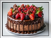 Jeżyny, Polewa, Ciasto, Talerz, Owoce, Truskawki, Czekoladowe