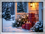Ośnieżone, Drzewa, Zima, Boże Narodzenie, Prezenty, Lampa, Taras