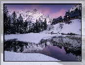 Tatry, Drzewa, Morskie Oko, Polska, Zima, Domy, Jezioro, Góry