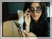 Telefon, Kobieta, Sunny Leone, Twarz, Okulary