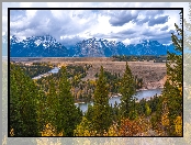 Teton Range, Park Narodowy Grand Teton, Chmury, Las, Stany Zjednoczone, Góry, Stan Wyoming, Drzewa, Rzeka Snake River