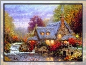 Thomas Kinkade, Dom, Rzeka, Most, Jesień