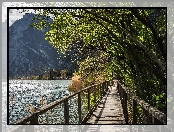 Góry, Jezioro, Drzewa, Włochy, Most, Lago di Toblino