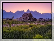 Park Narodowy Grand Teton, Ogrodzenie, Chata, Stany Zjednoczone, Drzewa, Trawa, Góry, Wyoming