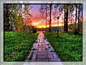 Trawa, Zachód, Słońca, Łódka, Chodnik