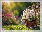 Koszyk, Białe, Wiklinowy, Trawa, Kwiaty, Różowe