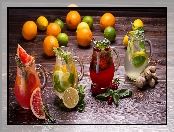 Dzbanki, Kompozycja, Cytryny, Pomarańcze, Owoce, Soki, Imbir, Limonki, Truskawki