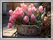 Kwiaty, Tulipany, Koszyk, Różowe, Chodnik