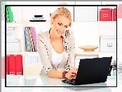 Uśmiechnięta, Biuro, Blondynka, Laptop
