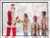 Mikołaj, Uśmiechy, Zima, Radość, Dzieci, Prezent, Płot, Śnieg