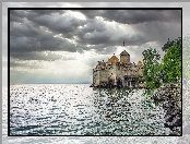 Zamek, Kanton Vaud, Skała, Szwajcaria, Chateau Chillon, Jezioro Genewskie, Ciemne, Chmury