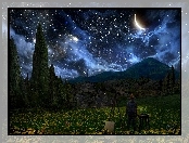 Vincent, Drzewa, Księżyc, Gogh, Obraz, Van
