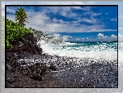 Hawaje, Chmury, Waianapanapa State Park, Kamienie, Wyspa Maui, Morze, Fale, Palmy