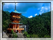 Świątynia, Miejscowość Wakayama, Drzewa, Japonia, Kumano Nachi Taisha, Las, Wzgórza, Wodospad Nachi