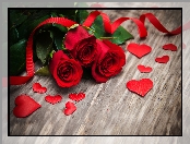 Walentynki, Róże, Czerwone, Serca, Wstążka