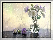 Wazon, Biało-fioletowe, Kwiaty, Eustomy, Szklany