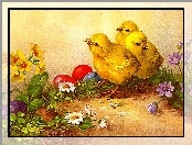 Wielkanoc, Kwiaty, Kurczaczki, Jajka