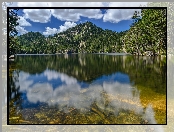 Jezioro, Góry Pireneje, Francja, Odbicie, Masyw Massif del Carlit, Świerki