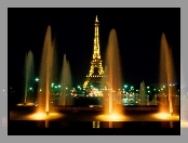 Światła, Fontanna, Wieża Eiffla, Francja, Noc, Paryż