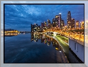 Most, Wieżowce, Singapur, Miasto nocą, Światła, Zatoka