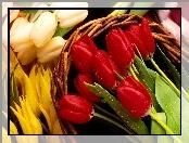 Kolorowe, Tulipany, Wiklinowy, Kosz