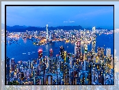 Zatoka Wiktorii, Oświetlone, Hongkong, Chiny, Wieżowce, Port Wiktorii