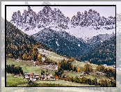 Włochy, Dolomity, Góry, Południowy Tyrol, Kościół, Val di Funes, Santa Maddalena, Ośnieżone, Domy, Dolina, Wieś