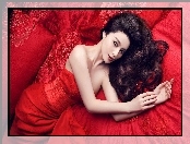 Włosy, Fan Bingbing, Czerwona, Sukienka, Czarne