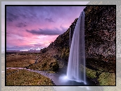 Islandia, Skała, Rzeka, Wodospad Seljalandsfoss, Chmury