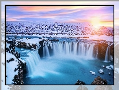 Wodospad, Islandia, Godafoss, Zima