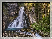 Wodospad Gollinger Waterfall, Skały, Austria, Kamienie, Miejscowość Golling, Salzburg, Rzeka, Las, Drzewa, Roślinność