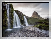 Islandia, Wodospad Kirkjufellsfoss, Góra Kirkjufell, Skały, Półwysep Snaefellsnes