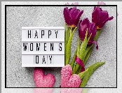 Tulipany, Napis, Happy Womens Day, Ramka, Serca