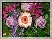 Wstążka, Bukiet, Kwiaty, Gerbery, Róże