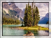 Wyspa Ducha, Góry, Drzewa, Wyspa Spirit Island, Jezioro Maligne, Park Narodowy Jasper, Kanada