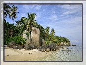 Wyspa La Digue, Seszele, Głazy, Morze, Chmury, Plaża Anse Source D Argent, Roślinność, Skały, Palmy