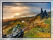 Szkocja, Jezioro, Morze, Wschód słońca, Wyspa Skye, Doliny, Wzgórze The Storr, Skały