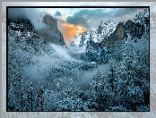 Śnieg, Kalifornia, Góry, Zima, Park Narodowy Yosemite, Stany Zjednoczone, Drzewa, Mgła
