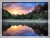 Zachód słońca, Zbiornik, Stany Zjednoczone, Jezioro, Arizona, Prescott National Forest, Góry, Granite Basin Lake, Drzewa, Las