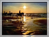 Zachód, Morze, Plaża, Konie, Dżokeje
