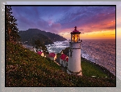 Stany Zjednoczone, Zachód słońca, Latarnia morska, Heceta Head Lighthouse, Stan Oregon